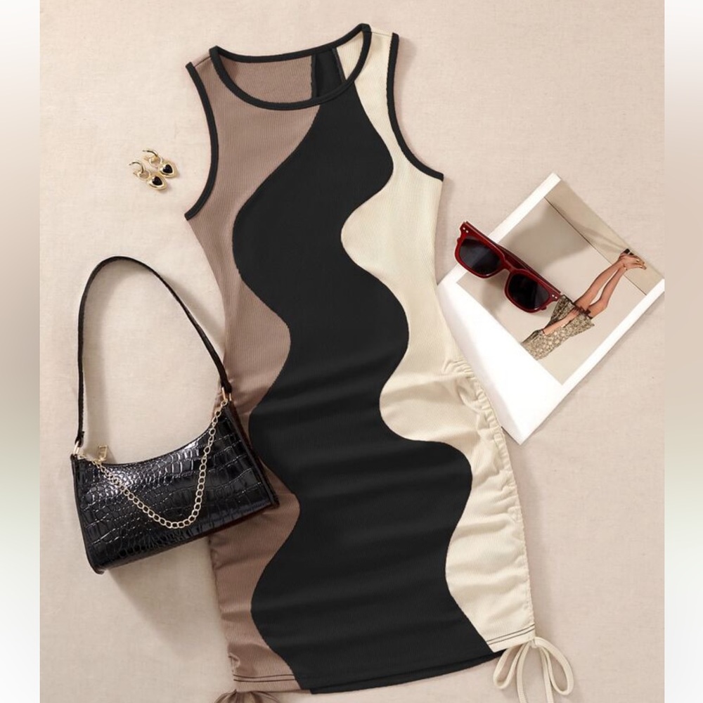 Drawstring Side Color Block Bodycon Tank Dress